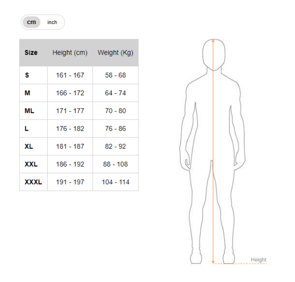 Picasso wetsuit size chart - cm