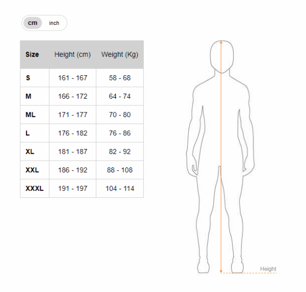 Picasso wetsuit size chart - cm