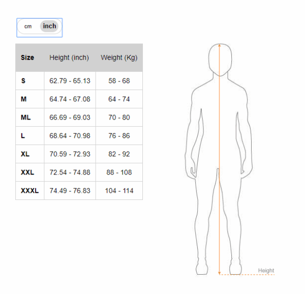 Picasso wetsuit size chart - inches